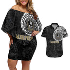 Personalized Collingwood Magpies Polynesian Couples Matching Off Shoulder Short Dress and Hawaiian Shirt Tribal Chest and Sleeve Tattoo Heritage Warrior