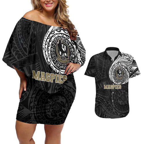 Personalized Collingwood Magpies Polynesian Couples Matching Off Shoulder Short Dress and Hawaiian Shirt Tribal Chest and Sleeve Tattoo Heritage Warrior