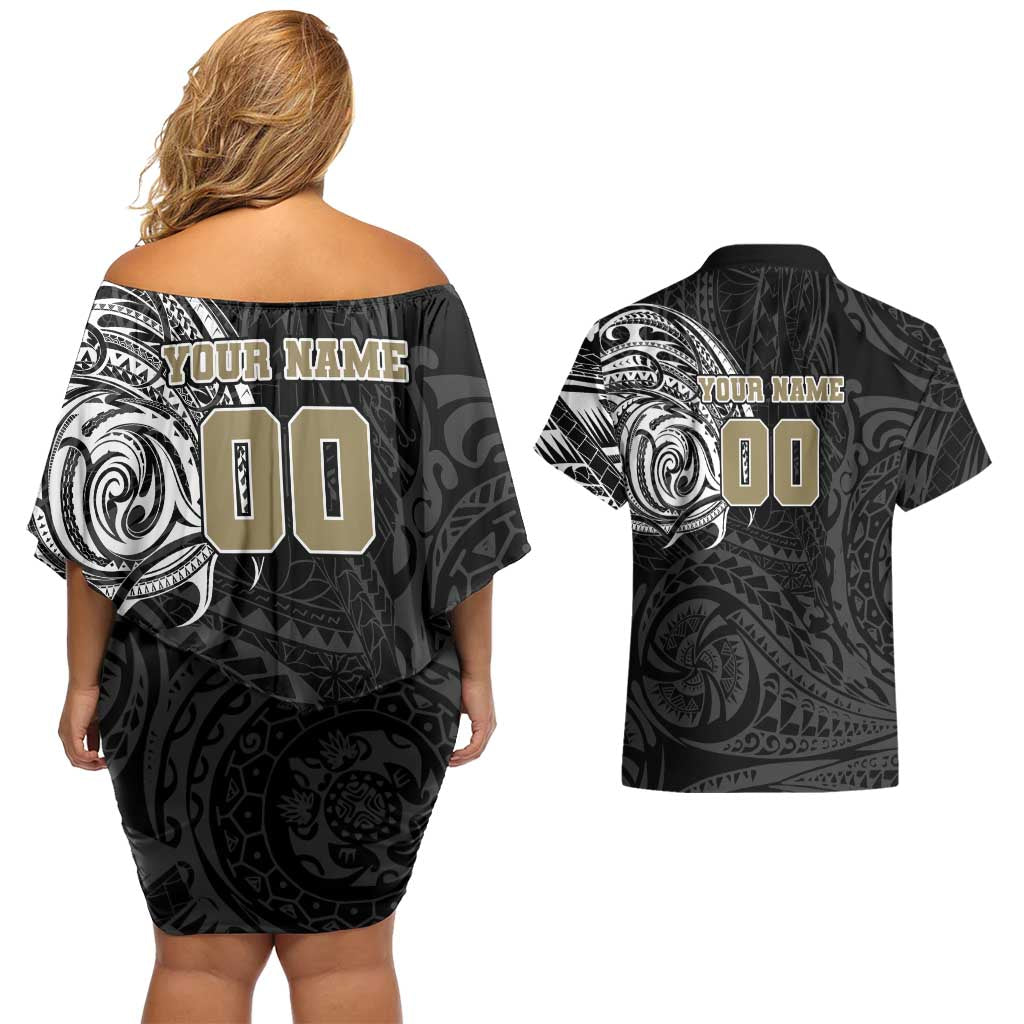 Personalized Collingwood Magpies Polynesian Couples Matching Off Shoulder Short Dress and Hawaiian Shirt Tribal Chest and Sleeve Tattoo Heritage Warrior