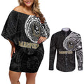Personalized Collingwood Magpies Polynesian Couples Matching Off Shoulder Short Dress and Long Sleeve Button Shirt Tribal Chest and Sleeve Tattoo Heritage Warrior
