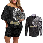 Personalized Collingwood Magpies Polynesian Couples Matching Off Shoulder Short Dress and Long Sleeve Button Shirt Tribal Chest and Sleeve Tattoo Heritage Warrior