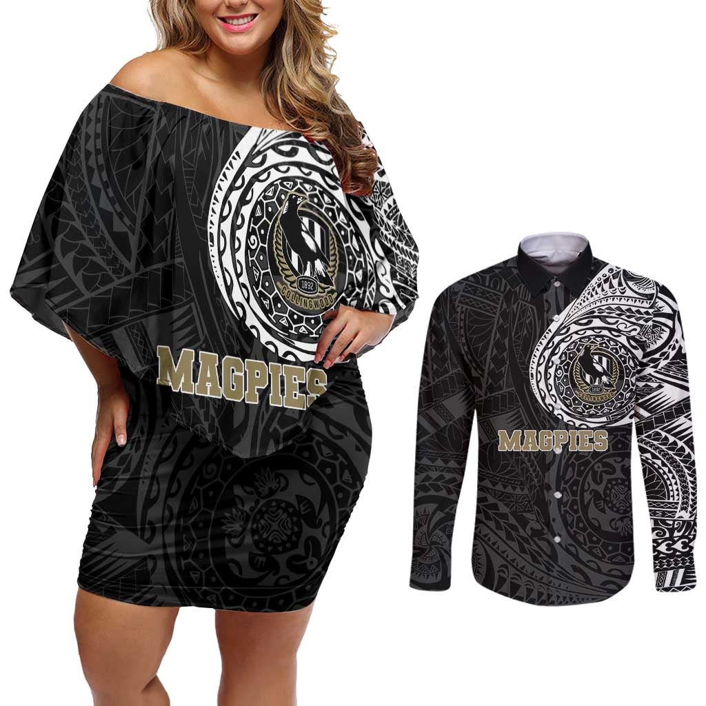 Personalized Collingwood Magpies Polynesian Couples Matching Off Shoulder Short Dress and Long Sleeve Button Shirt Tribal Chest and Sleeve Tattoo Heritage Warrior