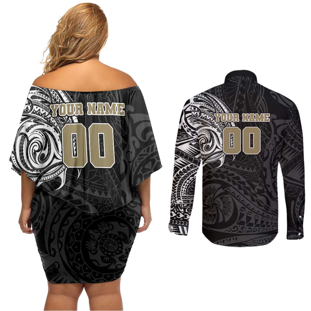 Personalized Collingwood Magpies Polynesian Couples Matching Off Shoulder Short Dress and Long Sleeve Button Shirt Tribal Chest and Sleeve Tattoo Heritage Warrior