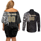 Personalized Collingwood Magpies Polynesian Couples Matching Off Shoulder Short Dress and Long Sleeve Button Shirt Tribal Chest and Sleeve Tattoo Heritage Warrior