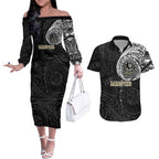 Personalized Collingwood Magpies Polynesian Couples Matching Off The Shoulder Long Sleeve Dress and Hawaiian Shirt Tribal Chest and Sleeve Tattoo Heritage Warrior