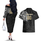 Personalized Collingwood Magpies Polynesian Couples Matching Off The Shoulder Long Sleeve Dress and Hawaiian Shirt Tribal Chest and Sleeve Tattoo Heritage Warrior