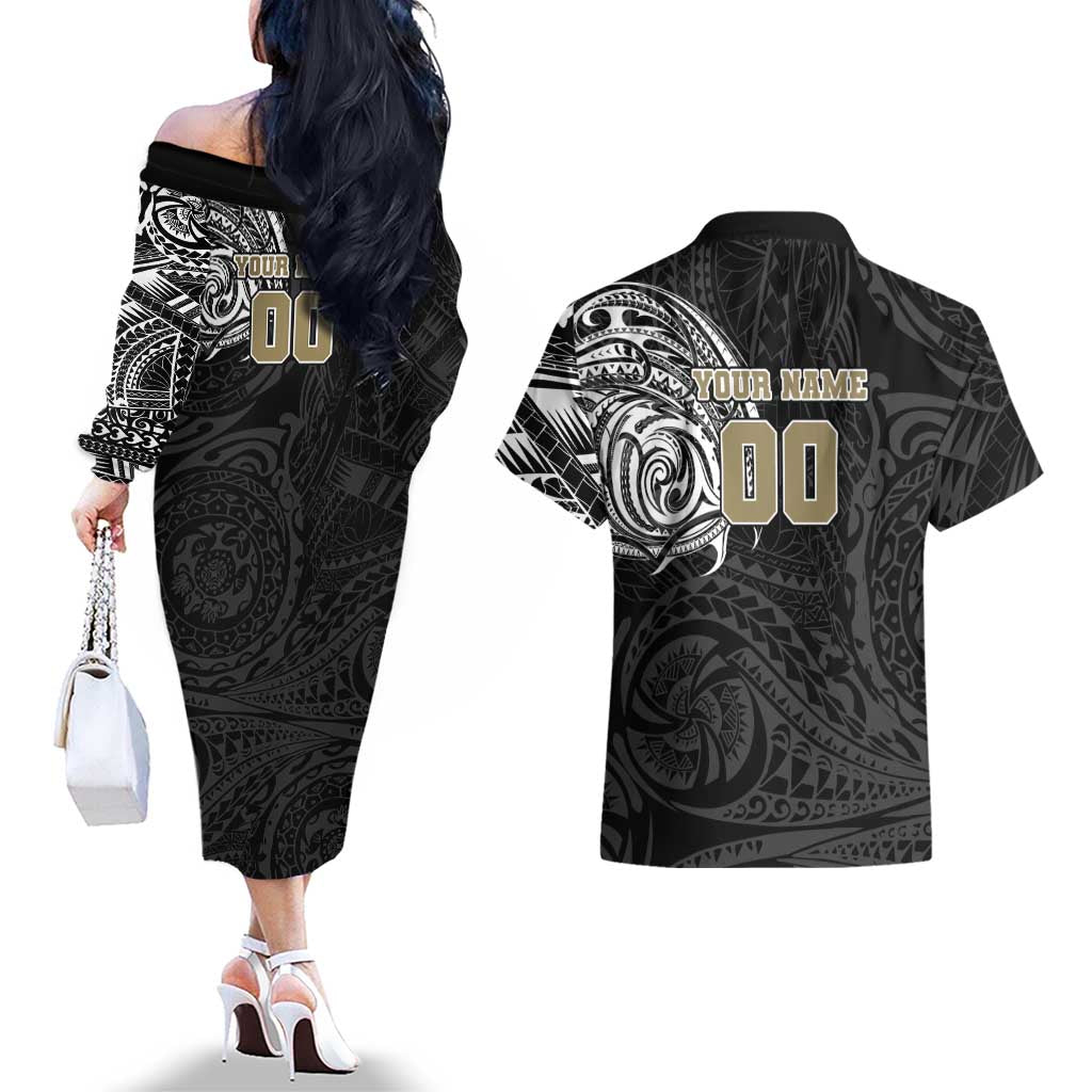 Personalized Collingwood Magpies Polynesian Couples Matching Off The Shoulder Long Sleeve Dress and Hawaiian Shirt Tribal Chest and Sleeve Tattoo Heritage Warrior