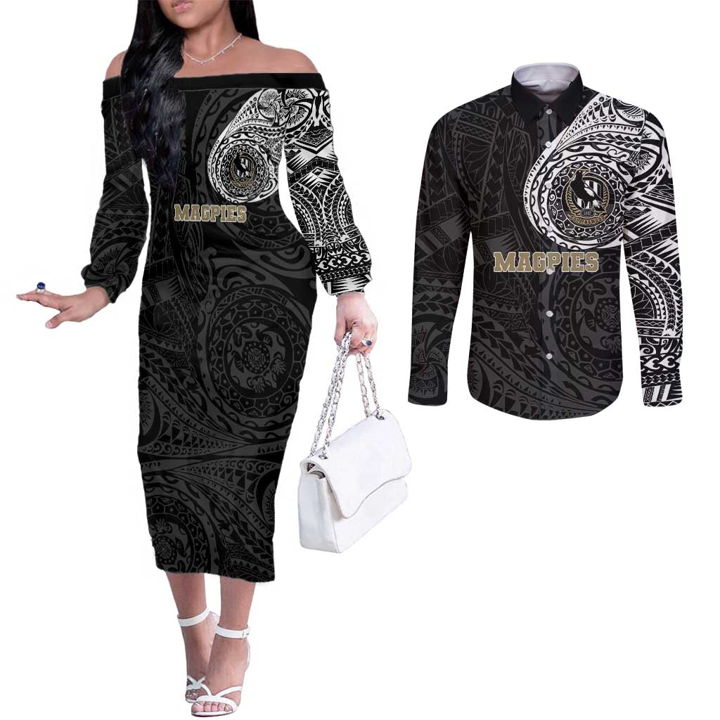 Personalized Collingwood Magpies Polynesian Couples Matching Off The Shoulder Long Sleeve Dress and Long Sleeve Button Shirt Tribal Chest and Sleeve Tattoo Heritage Warrior