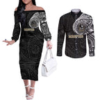Personalized Collingwood Magpies Polynesian Couples Matching Off The Shoulder Long Sleeve Dress and Long Sleeve Button Shirt Tribal Chest and Sleeve Tattoo Heritage Warrior