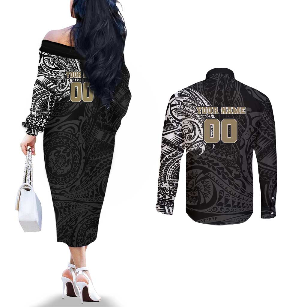 Personalized Collingwood Magpies Polynesian Couples Matching Off The Shoulder Long Sleeve Dress and Long Sleeve Button Shirt Tribal Chest and Sleeve Tattoo Heritage Warrior