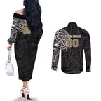 Personalized Collingwood Magpies Polynesian Couples Matching Off The Shoulder Long Sleeve Dress and Long Sleeve Button Shirt Tribal Chest and Sleeve Tattoo Heritage Warrior