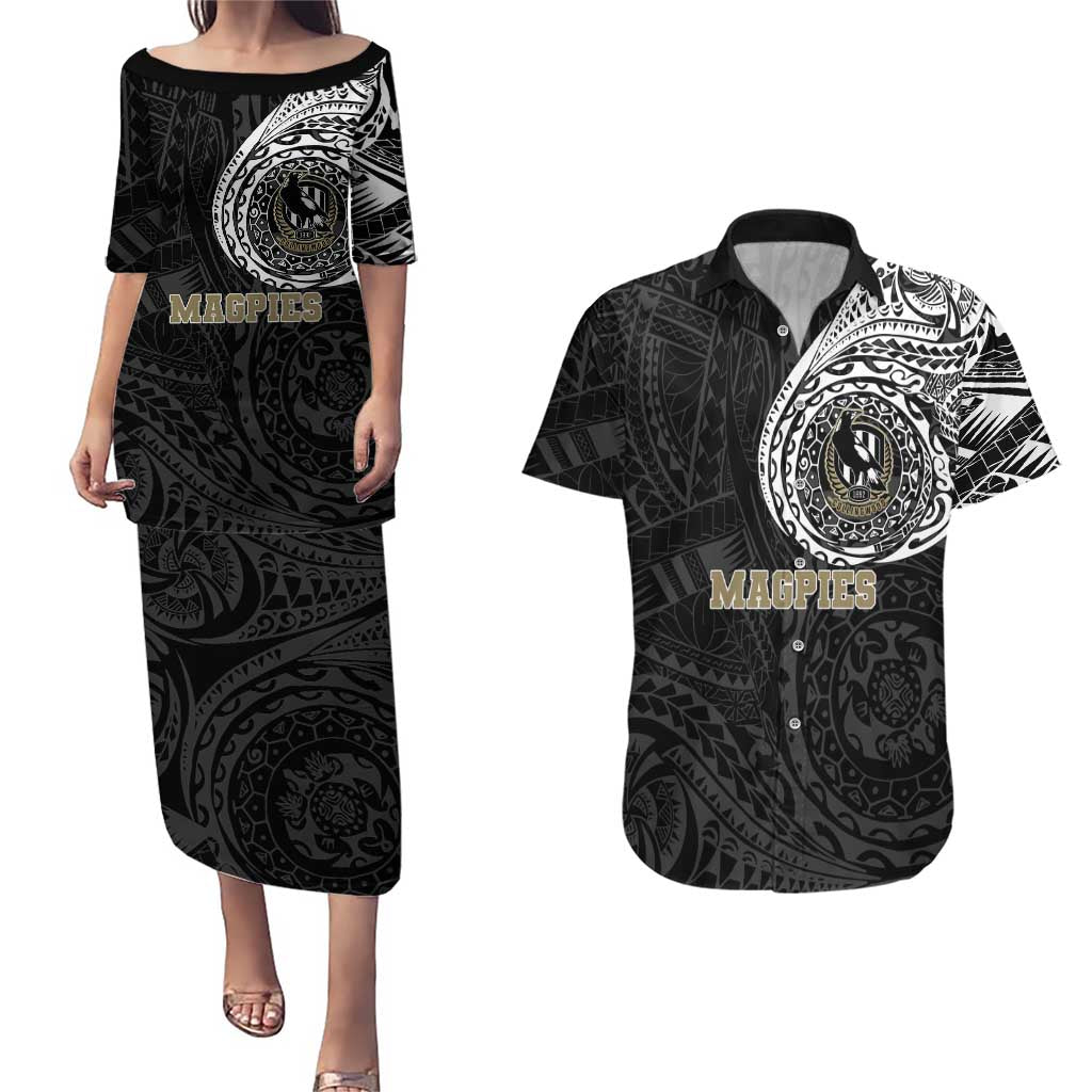 Personalized Collingwood Magpies Polynesian Couples Matching Puletasi and Hawaiian Shirt Tribal Chest and Sleeve Tattoo Heritage Warrior