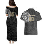 Personalized Collingwood Magpies Polynesian Couples Matching Puletasi and Hawaiian Shirt Tribal Chest and Sleeve Tattoo Heritage Warrior
