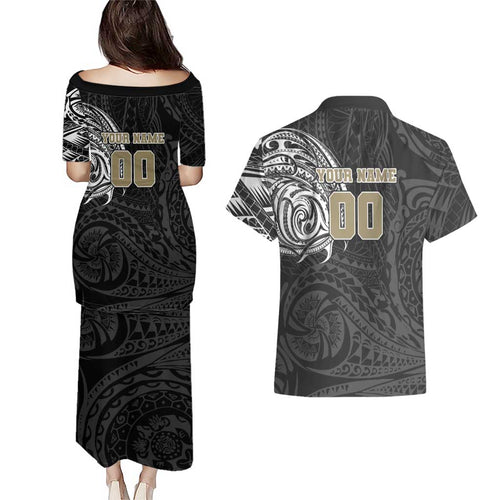 Personalized Collingwood Magpies Polynesian Couples Matching Puletasi and Hawaiian Shirt Tribal Chest and Sleeve Tattoo Heritage Warrior