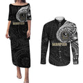 Personalized Collingwood Magpies Polynesian Couples Matching Puletasi and Long Sleeve Button Shirt Tribal Chest and Sleeve Tattoo Heritage Warrior