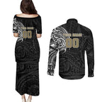 Personalized Collingwood Magpies Polynesian Couples Matching Puletasi and Long Sleeve Button Shirt Tribal Chest and Sleeve Tattoo Heritage Warrior