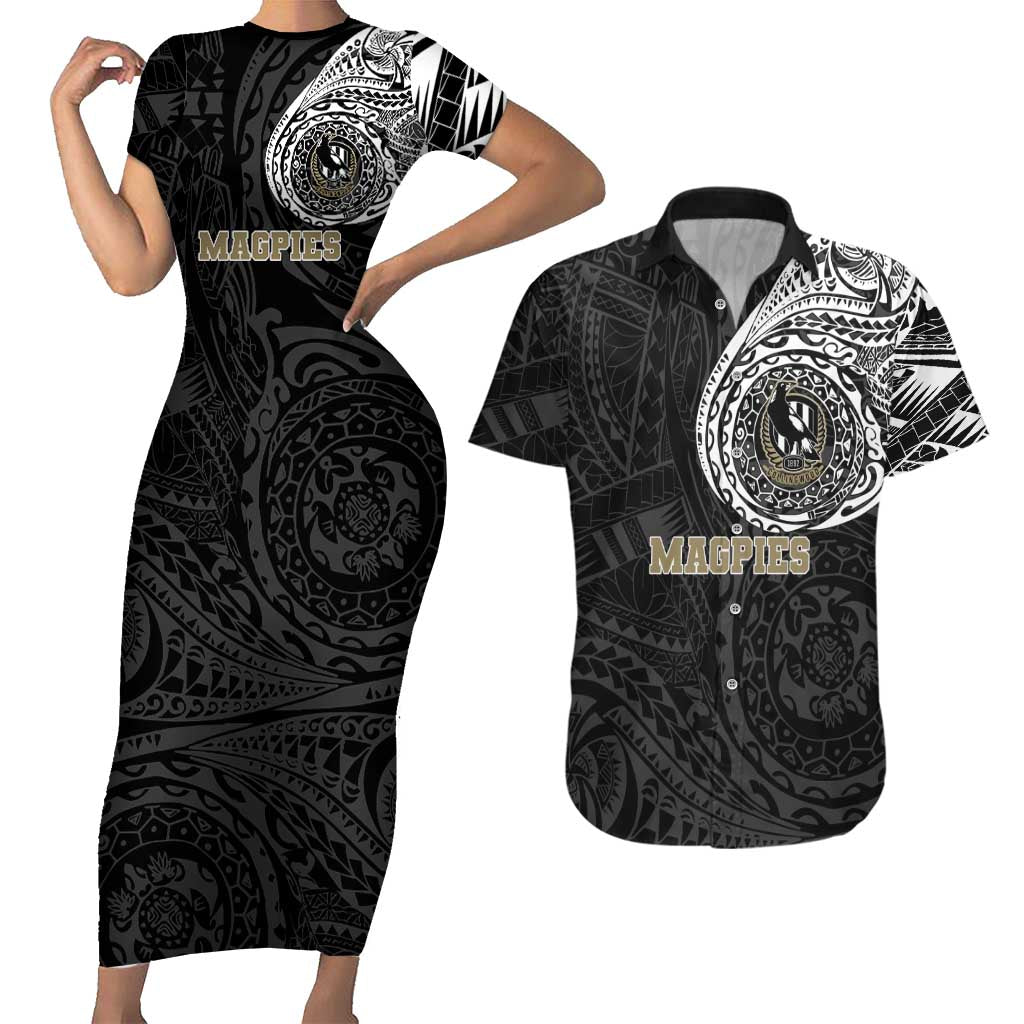 Personalized Collingwood Magpies Polynesian Couples Matching Short Sleeve Bodycon Dress and Hawaiian Shirt Tribal Chest and Sleeve Tattoo Heritage Warrior