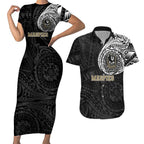 Personalized Collingwood Magpies Polynesian Couples Matching Short Sleeve Bodycon Dress and Hawaiian Shirt Tribal Chest and Sleeve Tattoo Heritage Warrior