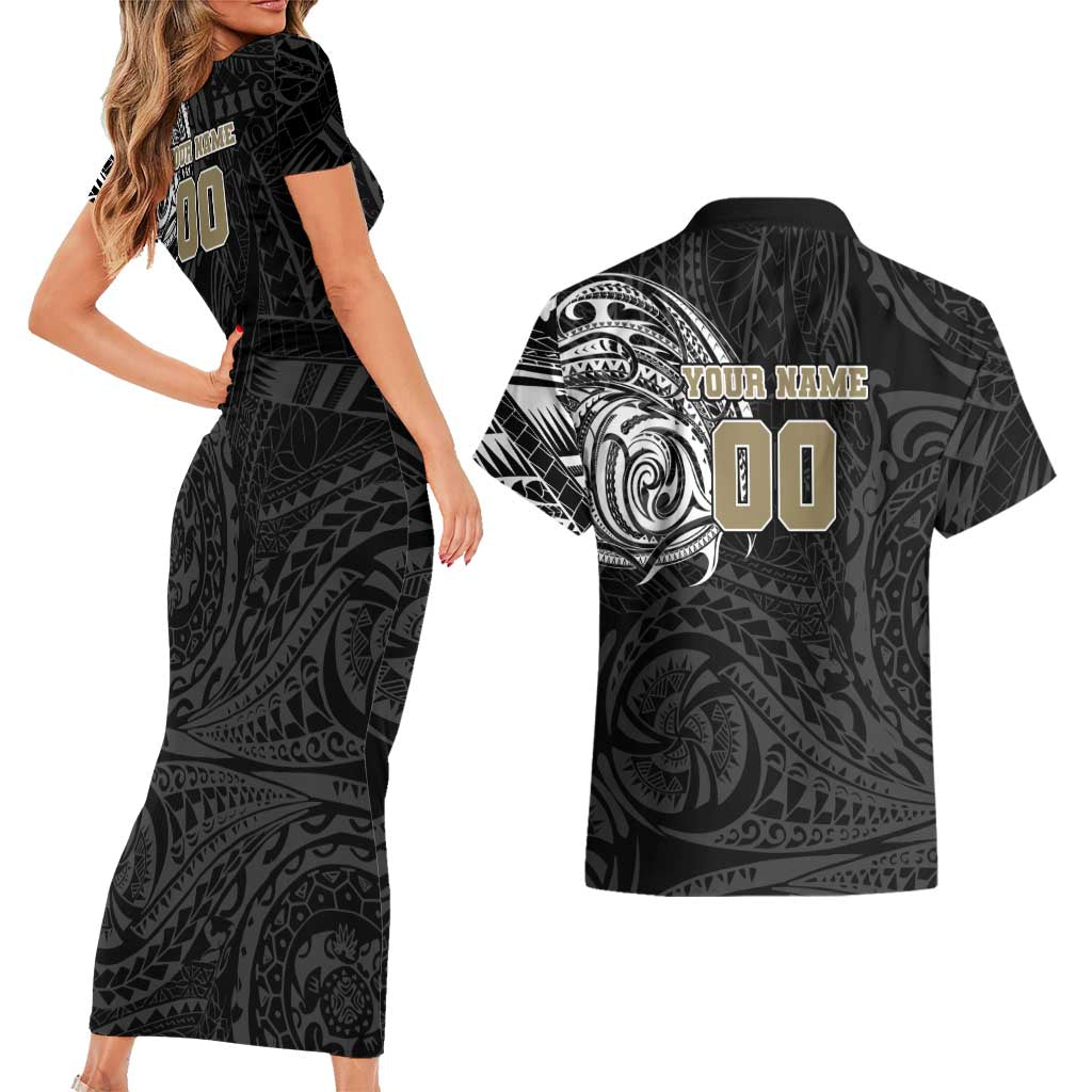 Personalized Collingwood Magpies Polynesian Couples Matching Short Sleeve Bodycon Dress and Hawaiian Shirt Tribal Chest and Sleeve Tattoo Heritage Warrior