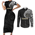 Personalized Collingwood Magpies Polynesian Couples Matching Short Sleeve Bodycon Dress and Long Sleeve Button Shirt Tribal Chest and Sleeve Tattoo Heritage Warrior