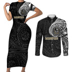 Personalized Collingwood Magpies Polynesian Couples Matching Short Sleeve Bodycon Dress and Long Sleeve Button Shirt Tribal Chest and Sleeve Tattoo Heritage Warrior