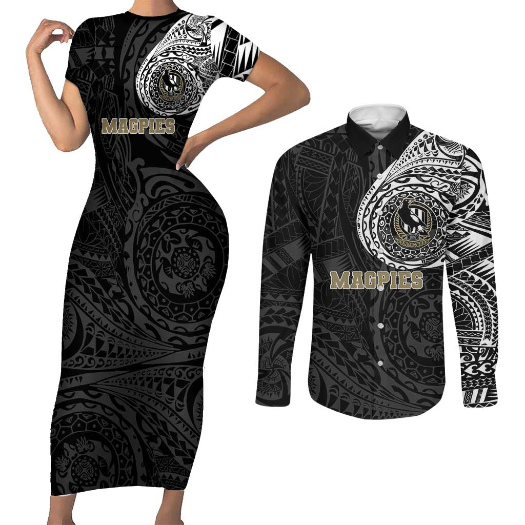 Personalized Collingwood Magpies Polynesian Couples Matching Short Sleeve Bodycon Dress and Long Sleeve Button Shirt Tribal Chest and Sleeve Tattoo Heritage Warrior