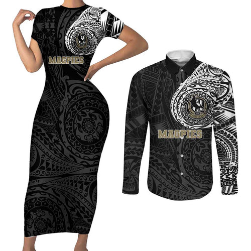 Personalized Collingwood Magpies Polynesian Couples Matching Short Sleeve Bodycon Dress and Long Sleeve Button Shirt Tribal Chest and Sleeve Tattoo Heritage Warrior