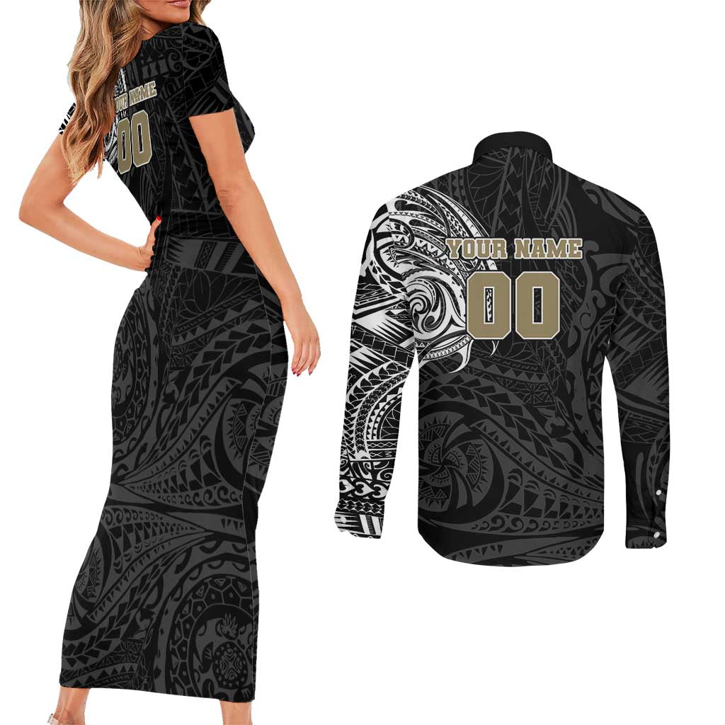 Personalized Collingwood Magpies Polynesian Couples Matching Short Sleeve Bodycon Dress and Long Sleeve Button Shirt Tribal Chest and Sleeve Tattoo Heritage Warrior