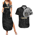 Personalized Collingwood Magpies Polynesian Couples Matching Summer Maxi Dress and Hawaiian Shirt Tribal Chest and Sleeve Tattoo Heritage Warrior