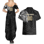 Personalized Collingwood Magpies Polynesian Couples Matching Summer Maxi Dress and Hawaiian Shirt Tribal Chest and Sleeve Tattoo Heritage Warrior