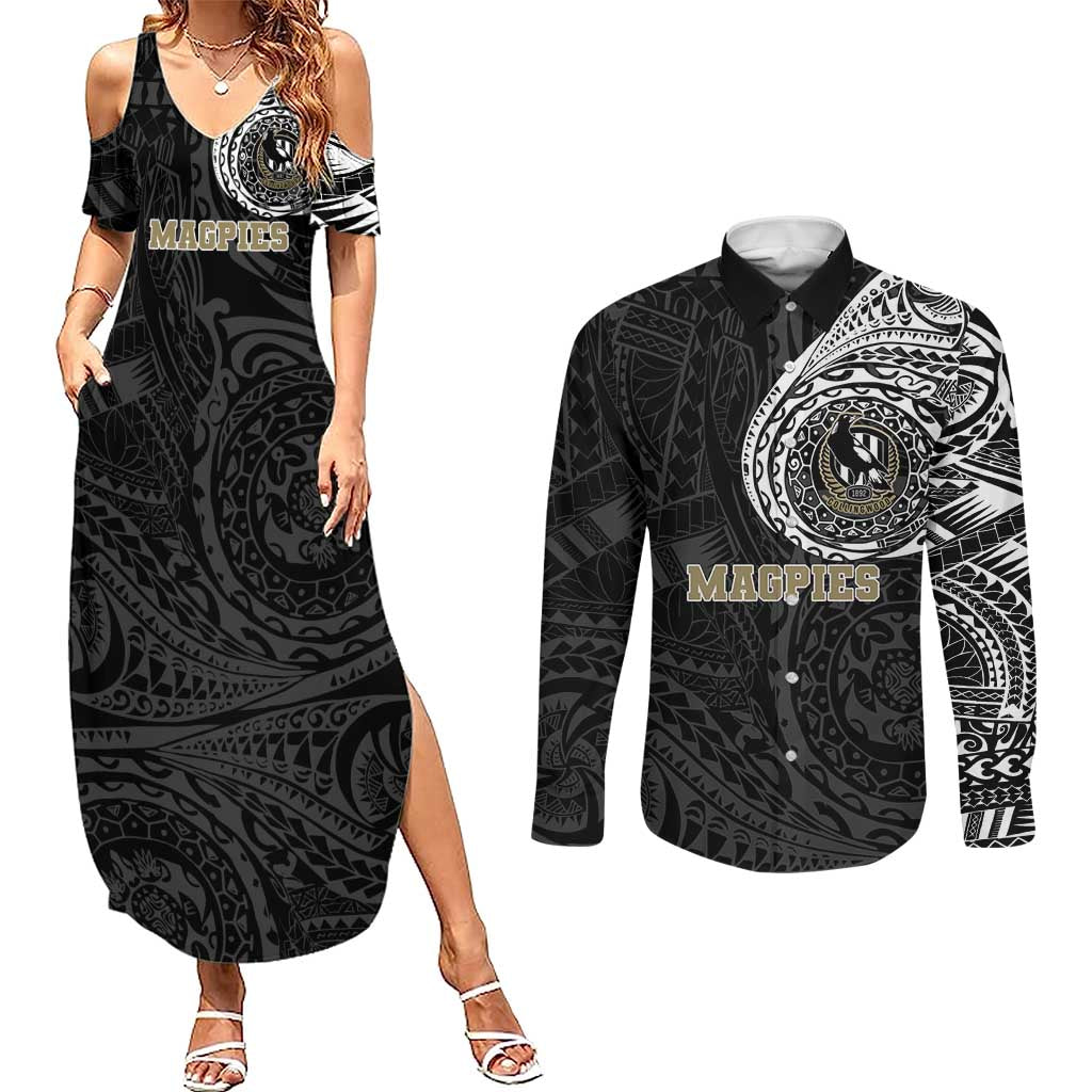 Personalized Collingwood Magpies Polynesian Couples Matching Summer Maxi Dress and Long Sleeve Button Shirt Tribal Chest and Sleeve Tattoo Heritage Warrior