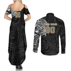 Personalized Collingwood Magpies Polynesian Couples Matching Summer Maxi Dress and Long Sleeve Button Shirt Tribal Chest and Sleeve Tattoo Heritage Warrior