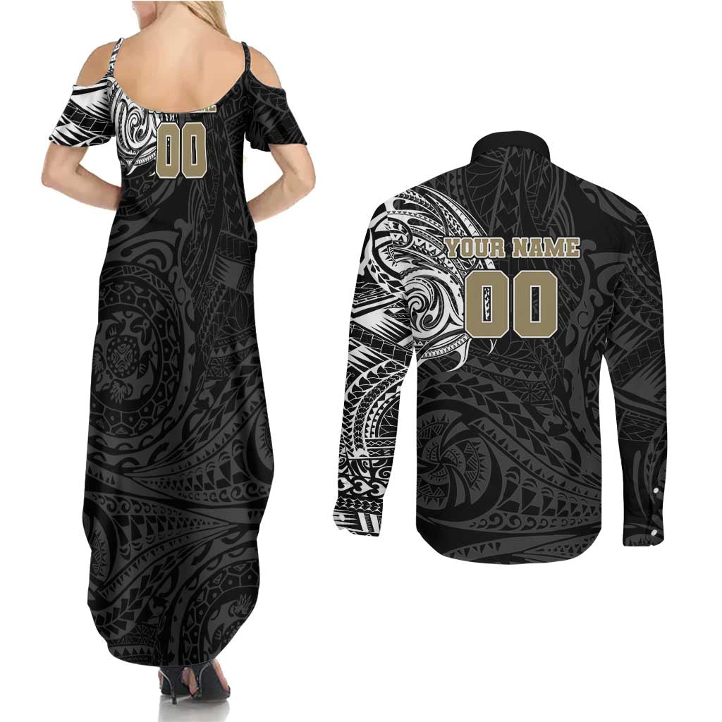 Personalized Collingwood Magpies Polynesian Couples Matching Summer Maxi Dress and Long Sleeve Button Shirt Tribal Chest and Sleeve Tattoo Heritage Warrior