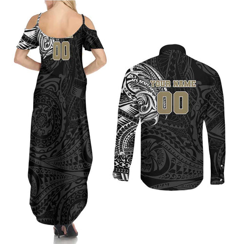 Personalized Collingwood Magpies Polynesian Couples Matching Summer Maxi Dress and Long Sleeve Button Shirt Tribal Chest and Sleeve Tattoo Heritage Warrior