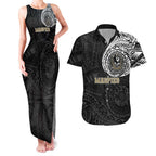 Personalized Collingwood Magpies Polynesian Couples Matching Tank Maxi Dress and Hawaiian Shirt Tribal Chest and Sleeve Tattoo Heritage Warrior