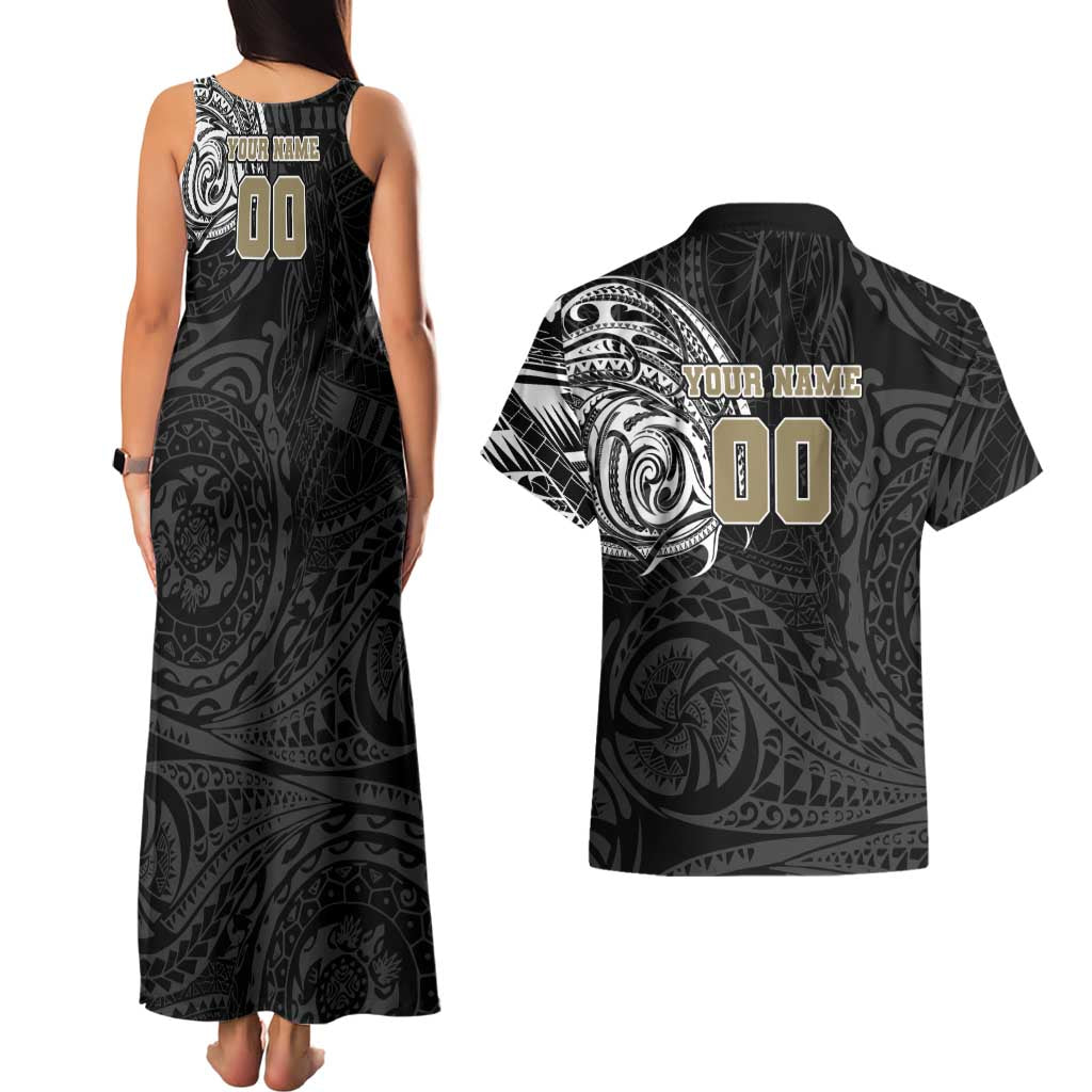 Personalized Collingwood Magpies Polynesian Couples Matching Tank Maxi Dress and Hawaiian Shirt Tribal Chest and Sleeve Tattoo Heritage Warrior