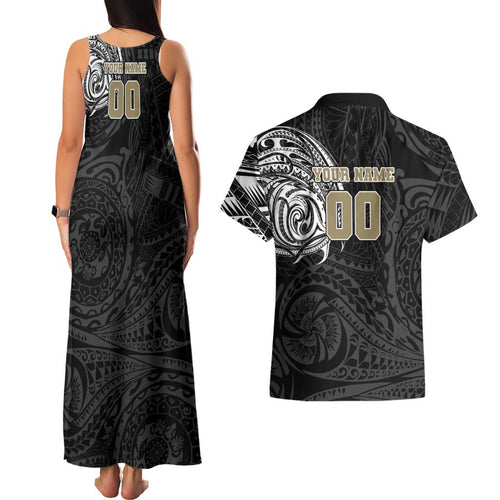 Personalized Collingwood Magpies Polynesian Couples Matching Tank Maxi Dress and Hawaiian Shirt Tribal Chest and Sleeve Tattoo Heritage Warrior