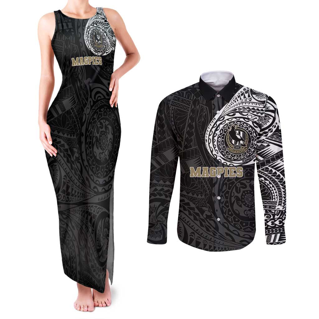 Personalized Collingwood Magpies Polynesian Couples Matching Tank Maxi Dress and Long Sleeve Button Shirt Tribal Chest and Sleeve Tattoo Heritage Warrior