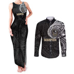 Personalized Collingwood Magpies Polynesian Couples Matching Tank Maxi Dress and Long Sleeve Button Shirt Tribal Chest and Sleeve Tattoo Heritage Warrior