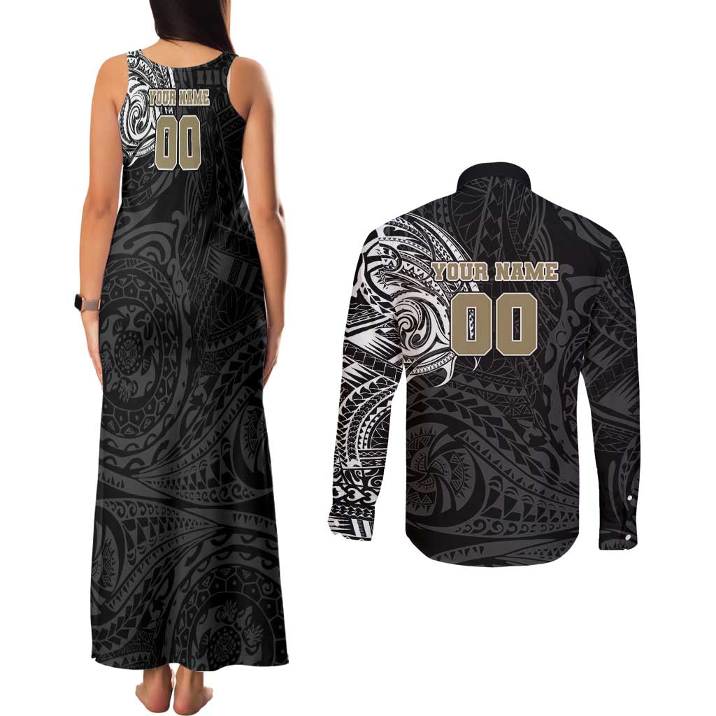 Personalized Collingwood Magpies Polynesian Couples Matching Tank Maxi Dress and Long Sleeve Button Shirt Tribal Chest and Sleeve Tattoo Heritage Warrior