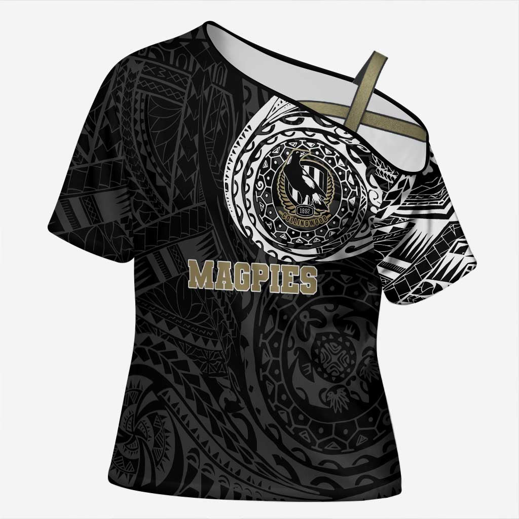 Personalized Collingwood Magpies Polynesian Cross Shoulder Shirt Tribal Chest and Sleeve Tattoo Heritage Warrior