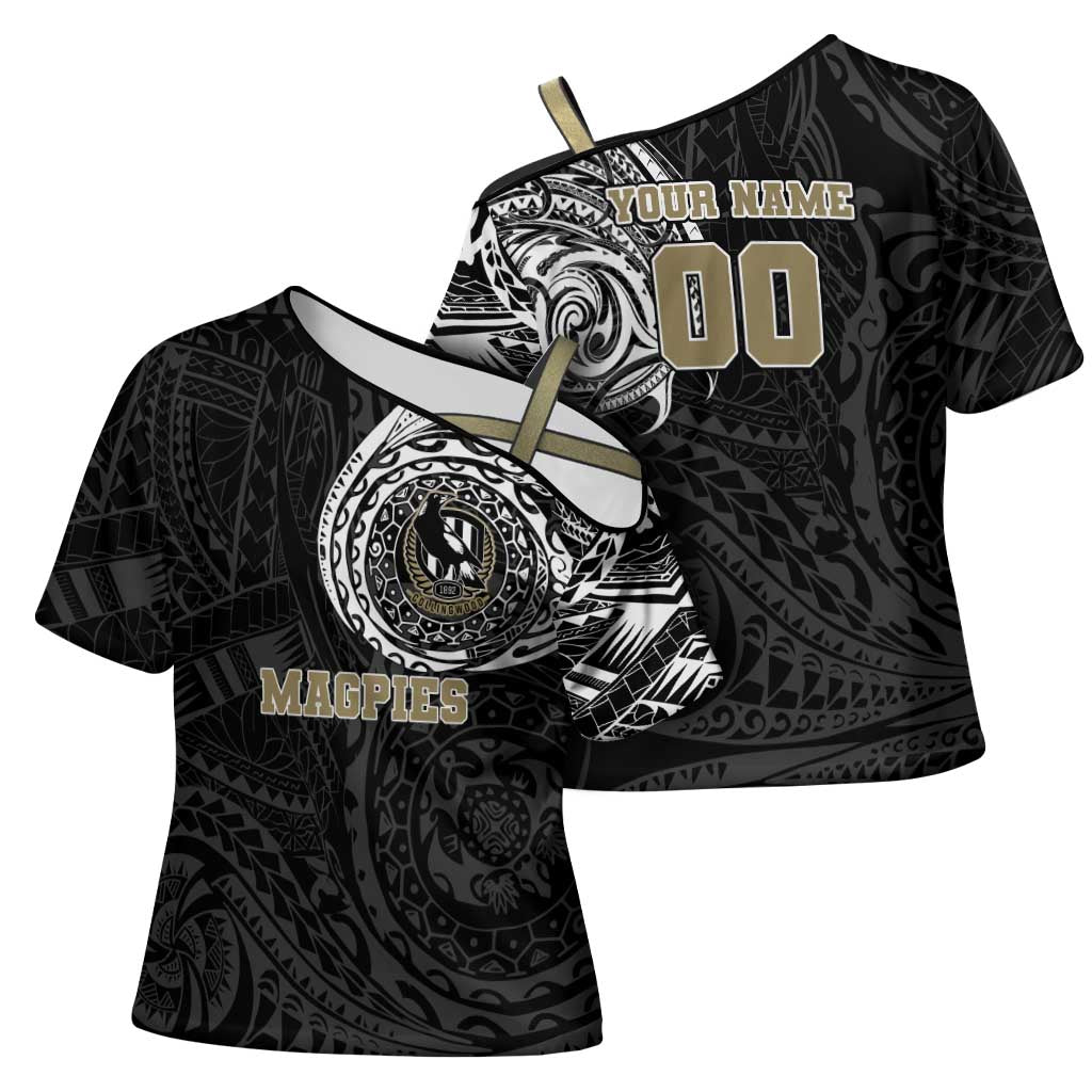 Personalized Collingwood Magpies Polynesian Cross Shoulder Shirt Tribal Chest and Sleeve Tattoo Heritage Warrior