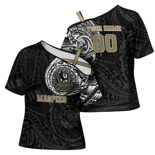 Personalized Collingwood Magpies Polynesian Cross Shoulder Shirt Tribal Chest and Sleeve Tattoo Heritage Warrior