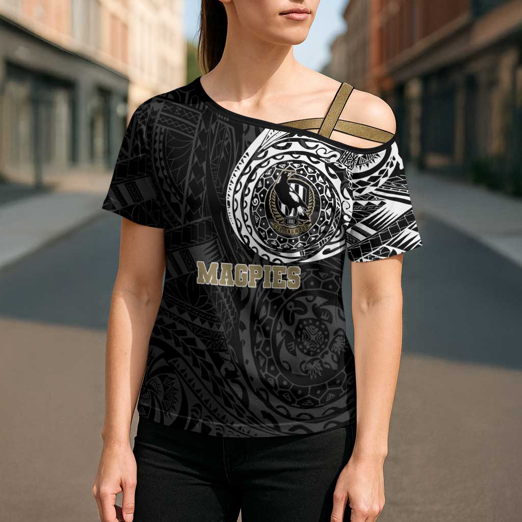 Personalized Collingwood Magpies Polynesian Cross Shoulder Shirt Tribal Chest and Sleeve Tattoo Heritage Warrior