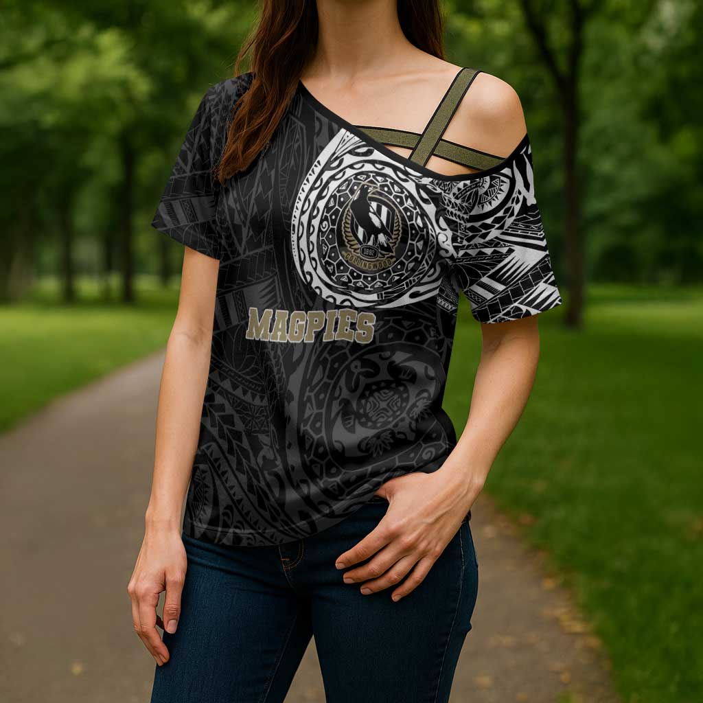 Personalized Collingwood Magpies Polynesian Cross Shoulder Shirt Tribal Chest and Sleeve Tattoo Heritage Warrior