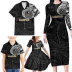 Personalized Collingwood Magpies Polynesian Family Matching Long Sleeve Bodycon Dress and Hawaiian Shirt Tribal Chest and Sleeve Tattoo Heritage Warrior