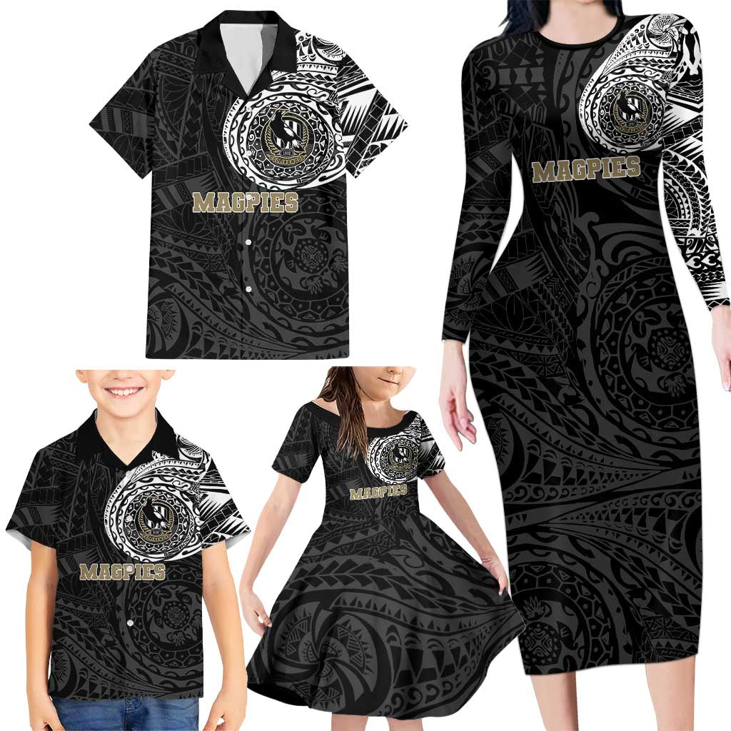 Personalized Collingwood Magpies Polynesian Family Matching Long Sleeve Bodycon Dress and Hawaiian Shirt Tribal Chest and Sleeve Tattoo Heritage Warrior