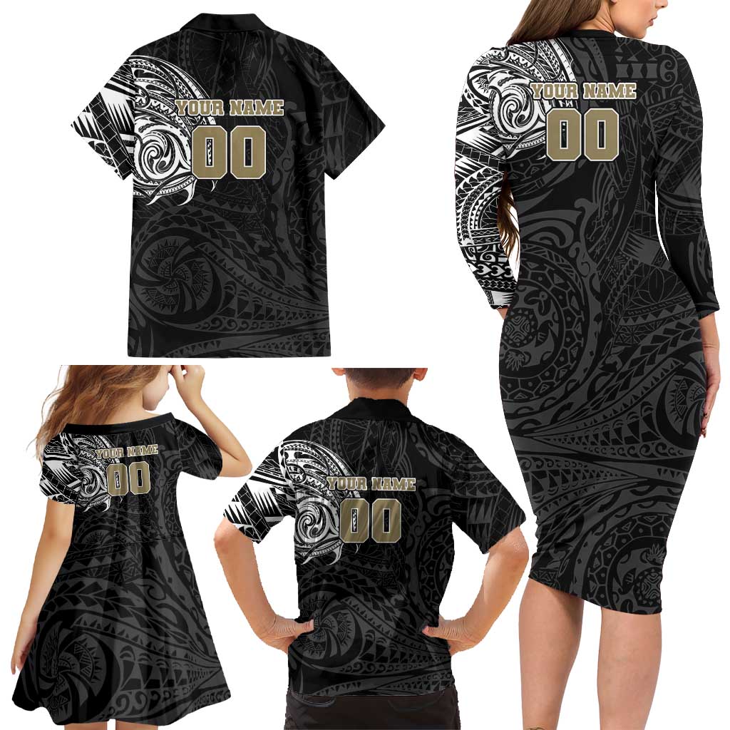 Personalized Collingwood Magpies Polynesian Family Matching Long Sleeve Bodycon Dress and Hawaiian Shirt Tribal Chest and Sleeve Tattoo Heritage Warrior