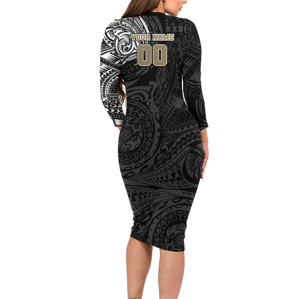 Personalized Collingwood Magpies Polynesian Family Matching Long Sleeve Bodycon Dress and Hawaiian Shirt Tribal Chest and Sleeve Tattoo Heritage Warrior