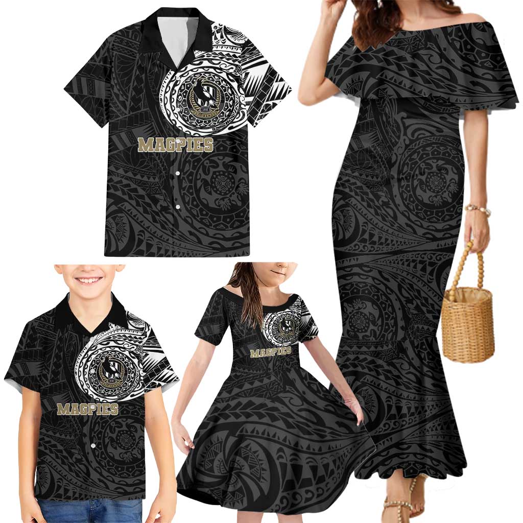 Personalized Collingwood Magpies Polynesian Family Matching Mermaid Dress and Hawaiian Shirt Tribal Chest and Sleeve Tattoo Heritage Warrior